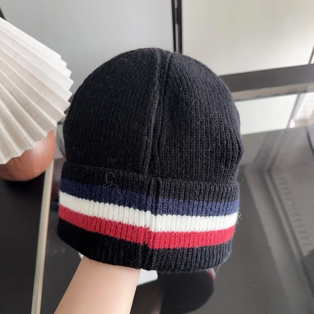 Moncler Kids Black Knit Beanie with Tricolor Stripe and Logo Badge